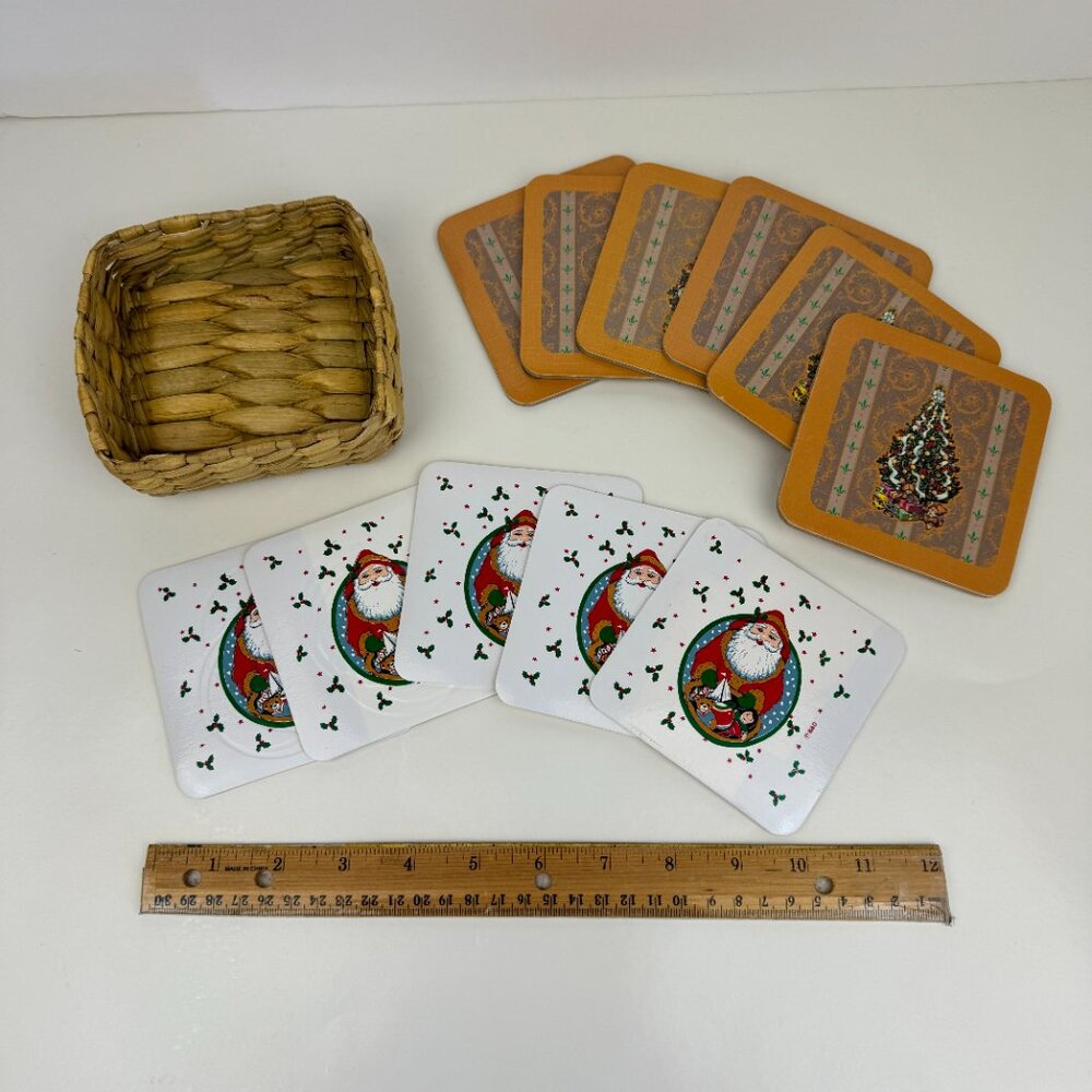 Vtg 11 Christmas Tree Santa Coasters Soft Hard‎ Holiday Decor Wicker Basket READ